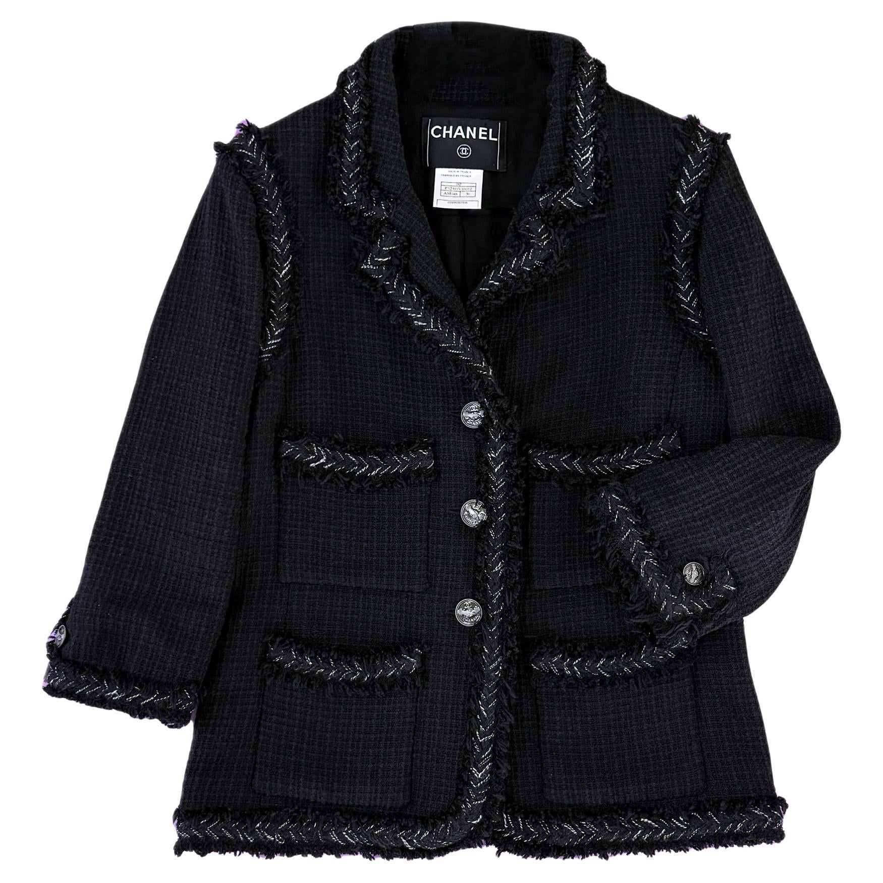 CHANEL Rare CC Handshake-Knöpfe, schwarze Tweedjacke, Größe 36 FR