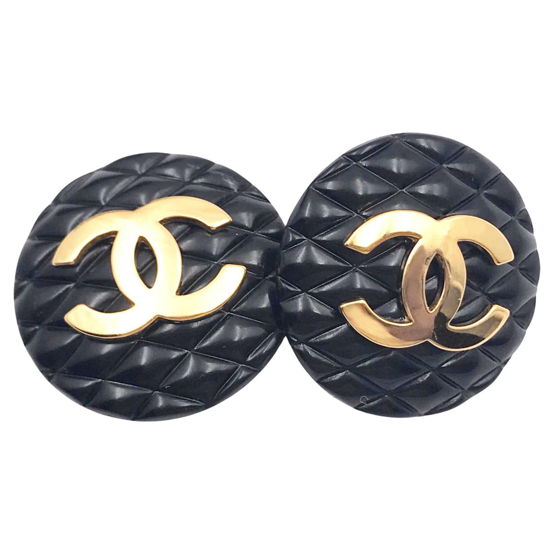 Chanel Rare Classic Black Quilted Gold CC Large Clip on Earrings