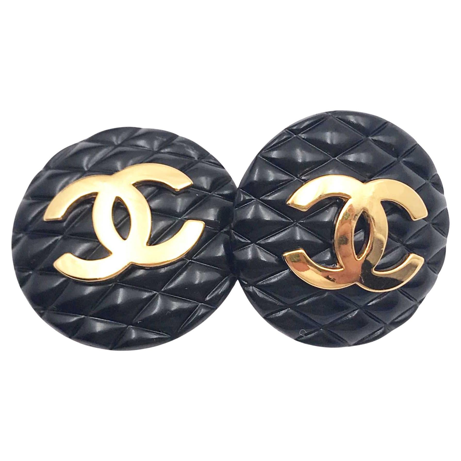 Chanel Rare Classic Black Quilted Gold CC Large Clip on Earrings    For Sale