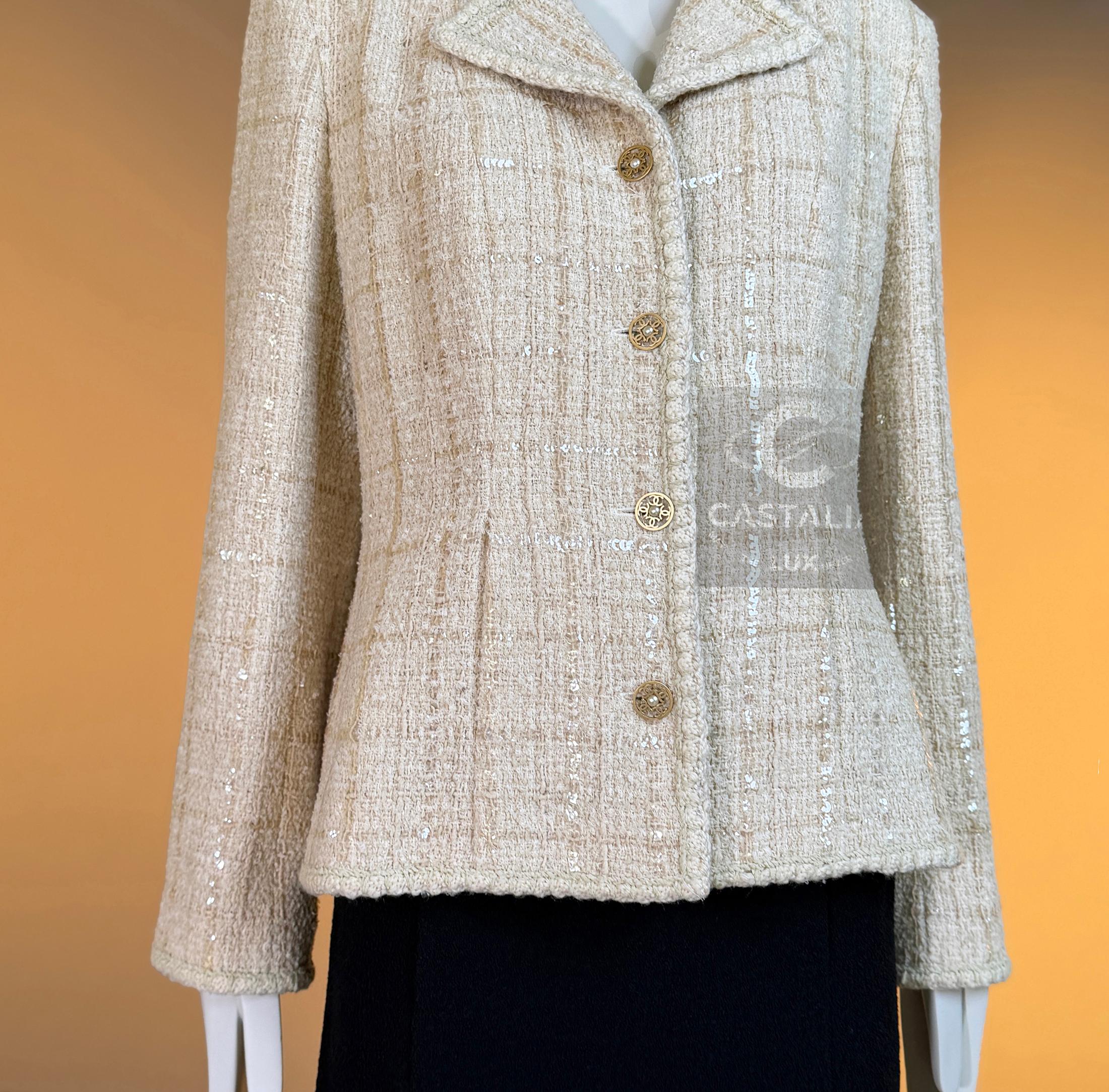 CHANEL Rare Collectible Beige Sequin Tweed Jacket 48 FR in vendita 12