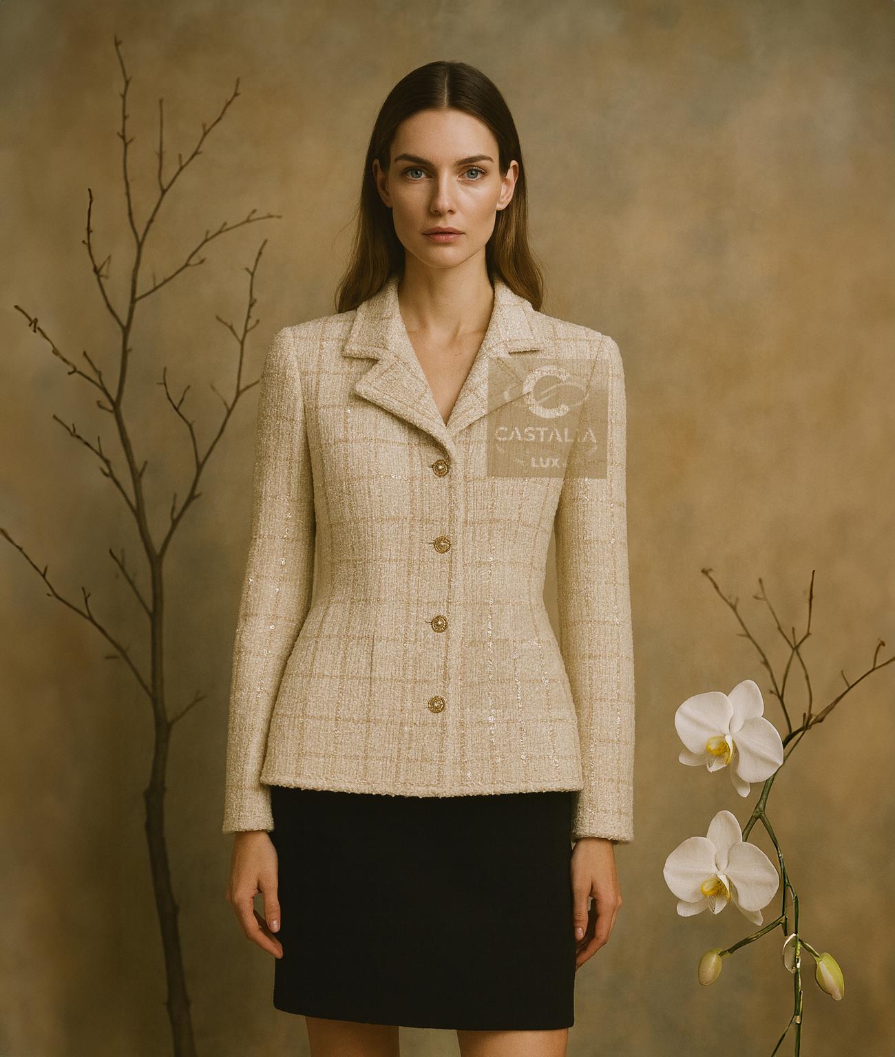 CHANEL · Collectible Beige Sequin Tweed Jacket
— Runway of the 2001 Fall Collection by Karl Lagerfeld —
// A boutique value exceeding $11,000, now a museum-level treasure for true connoisseurs

~  A dawn-era relic from the new millennium — serene,