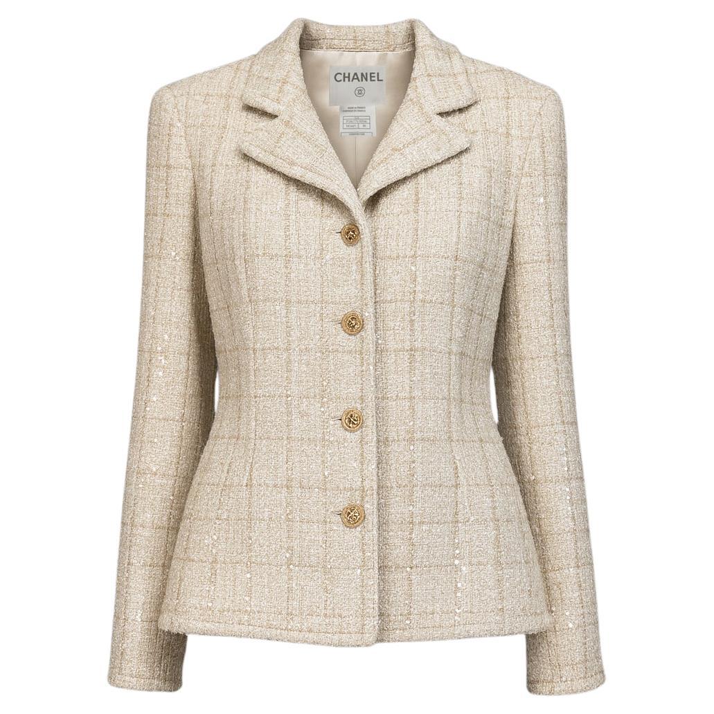CHANEL Rare Collectible Beige Sequin Tweed Jacket 48 FR