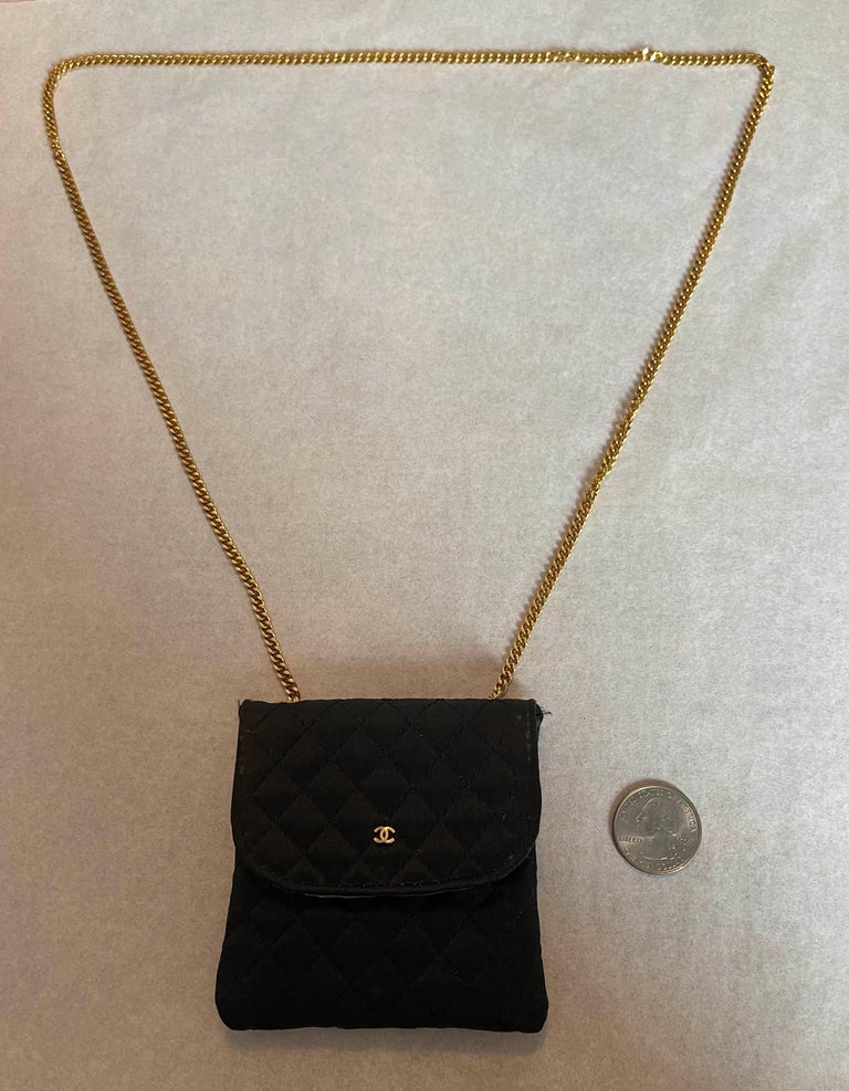 Chanel RARE COLLECTORS Black Vintage Quilted Satin Micro Flap Bag Necklace  For Sale at 1stDibs