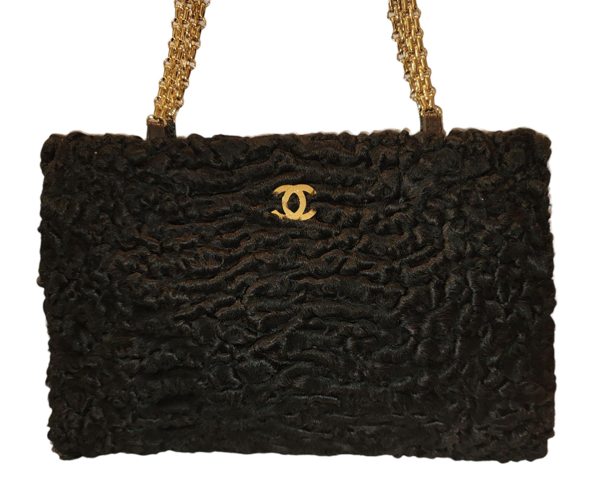 Chanel Rare Exotic Persian Baby Lamb Skin Hand Bag Clutch Black In Excellent Condition In Pasadena, CA