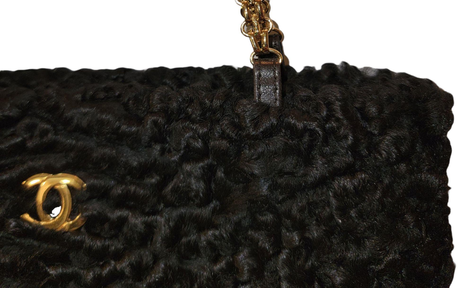Chanel Rare Exotic Persian Baby Lamb Skin Hand Bag Clutch Black For Sale 1