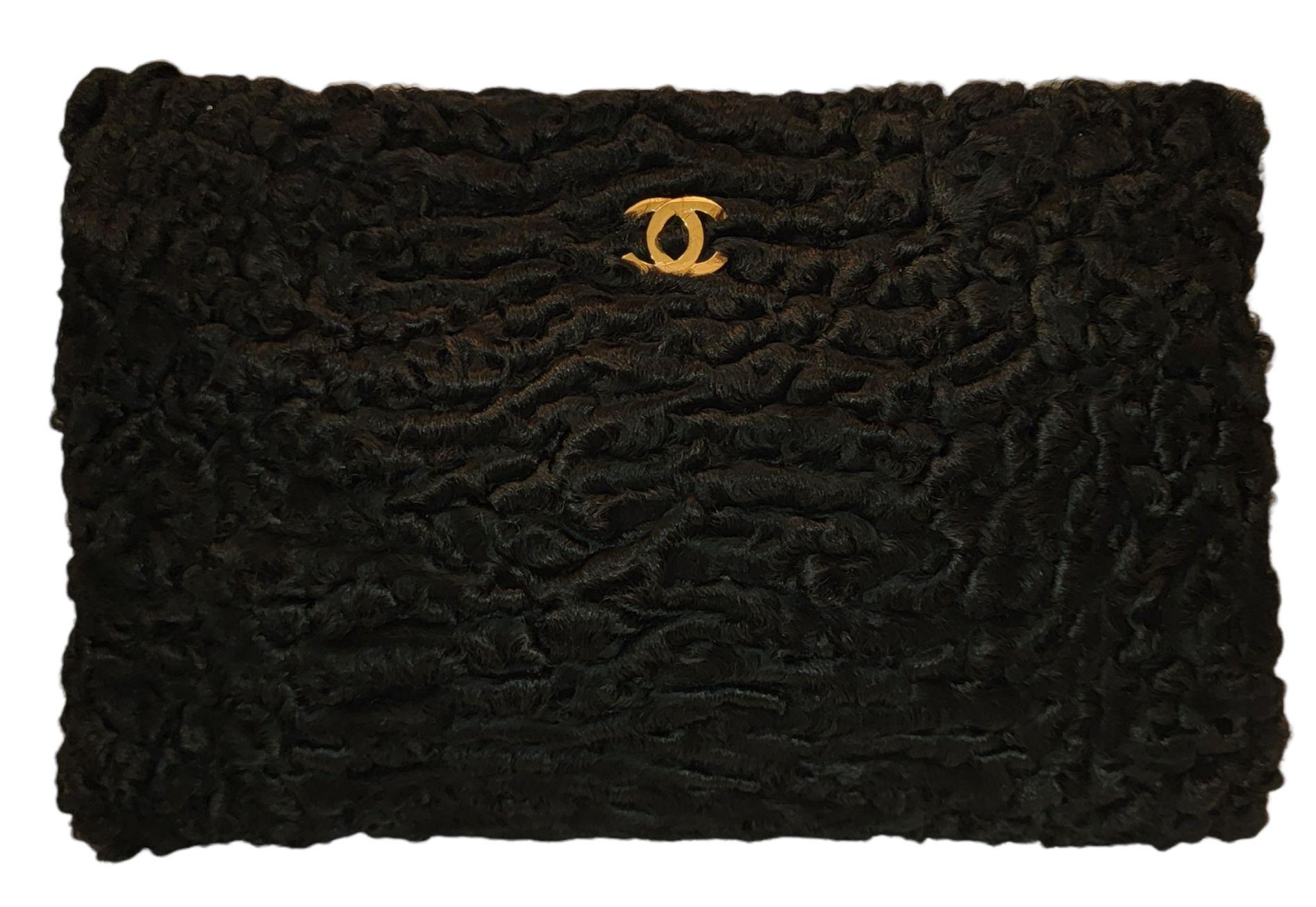 Chanel Rare Exotic Persian Baby Lamb Skin Hand Bag Clutch Black For Sale 2