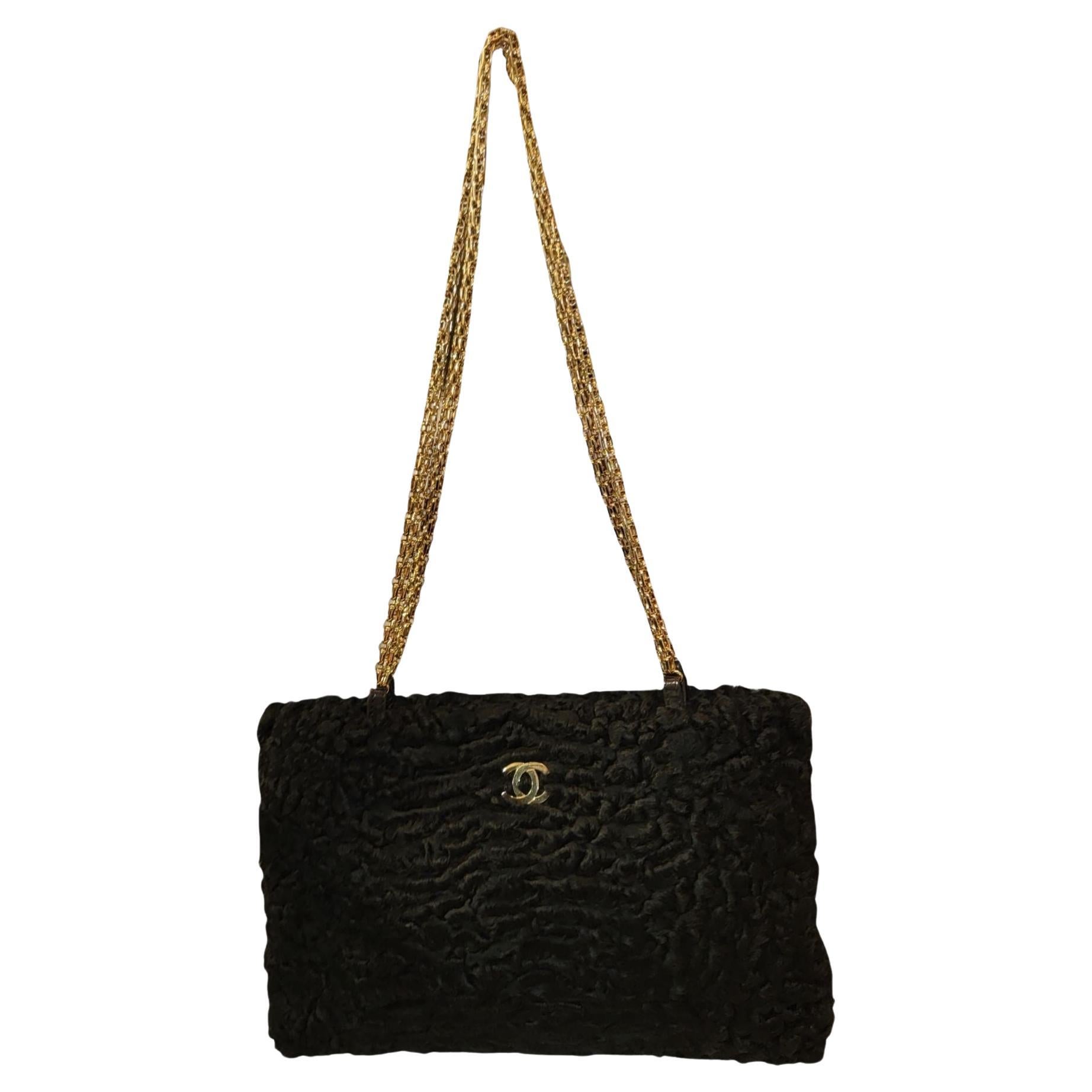 Chanel Rare Exotic Persian Baby Lamb Skin Hand Bag Clutch Black For Sale