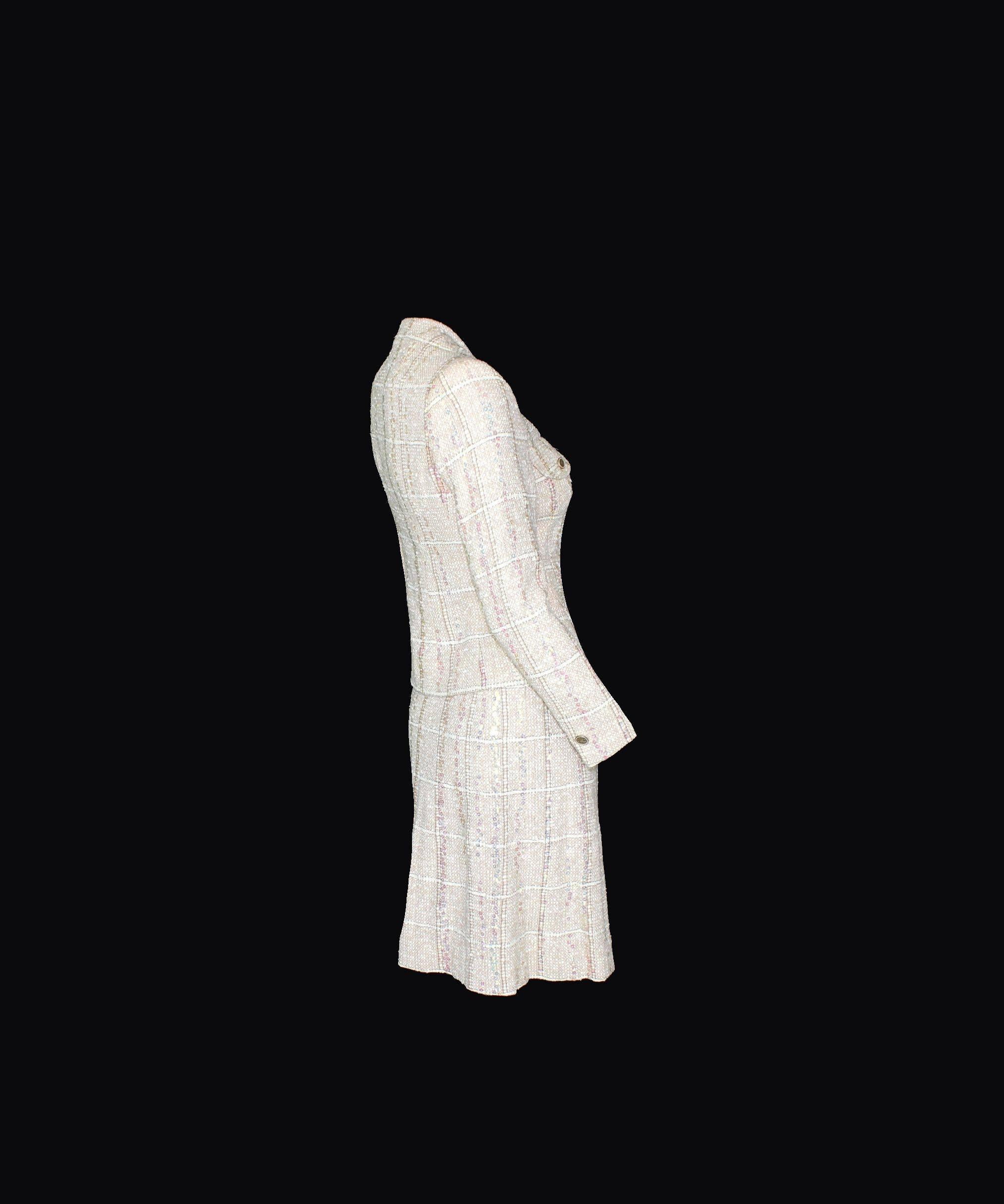 Gray CHANEL Rare Fantasy TweednSequins Trimmed Jacket Skirt Suit Ensemble 42 For Sale