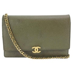Chanel Rare GHW Olive Khaki Caviar Leather Wallet on Chain WOC Flap 24cc824s