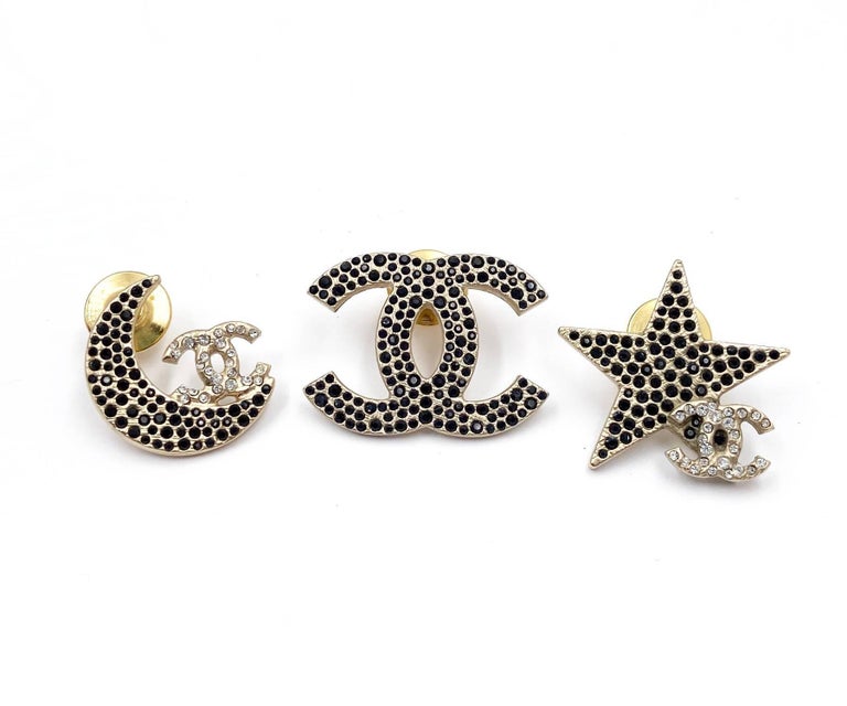 Chanel Crystal Gold CC Moon Star 3 Pins Artisan