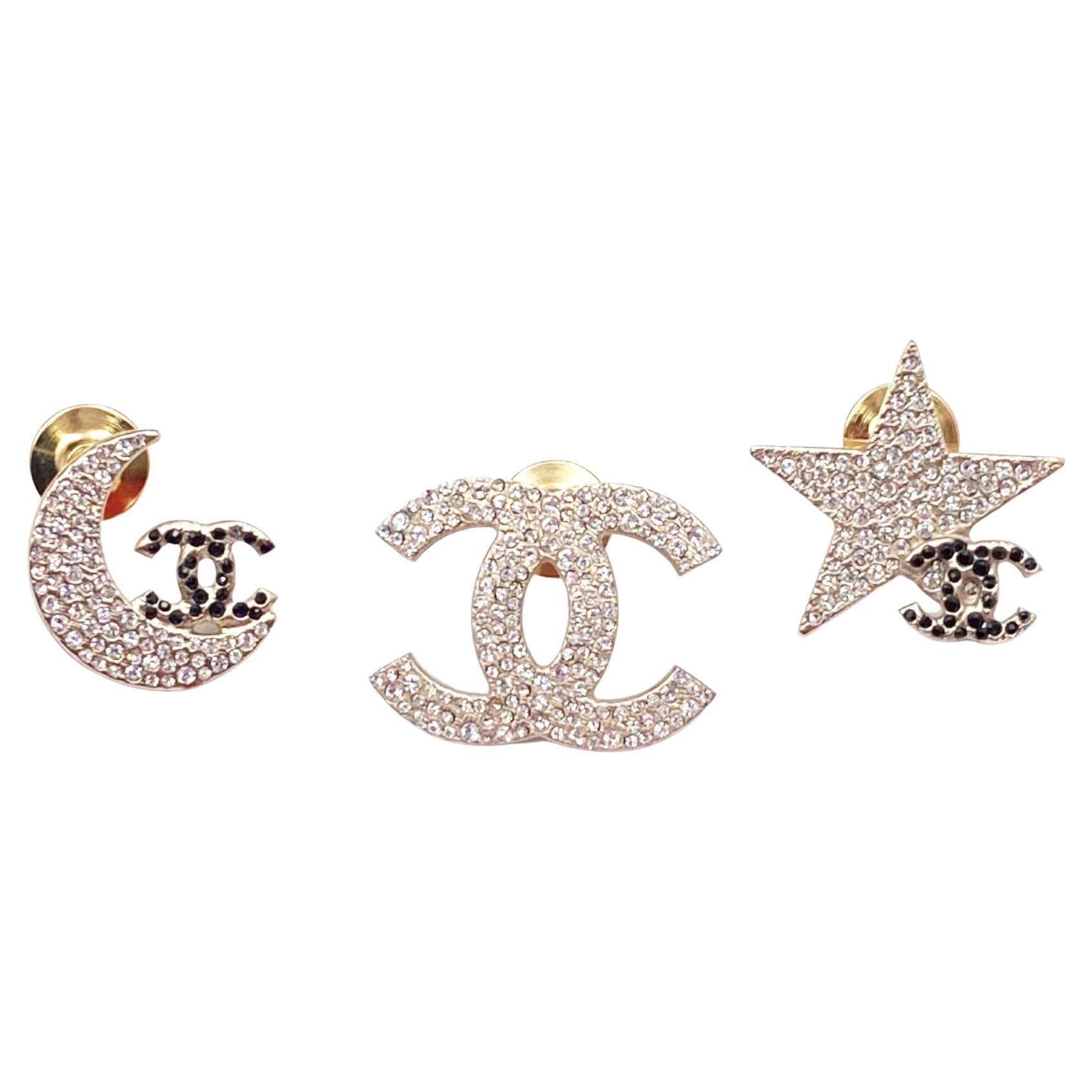 Chanel Rare Gold CC Moon Star Black Crystal 3 Pins For Sale