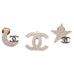 Chanel Rare Gold CC Moon Star Black Crystal 3 Pins
