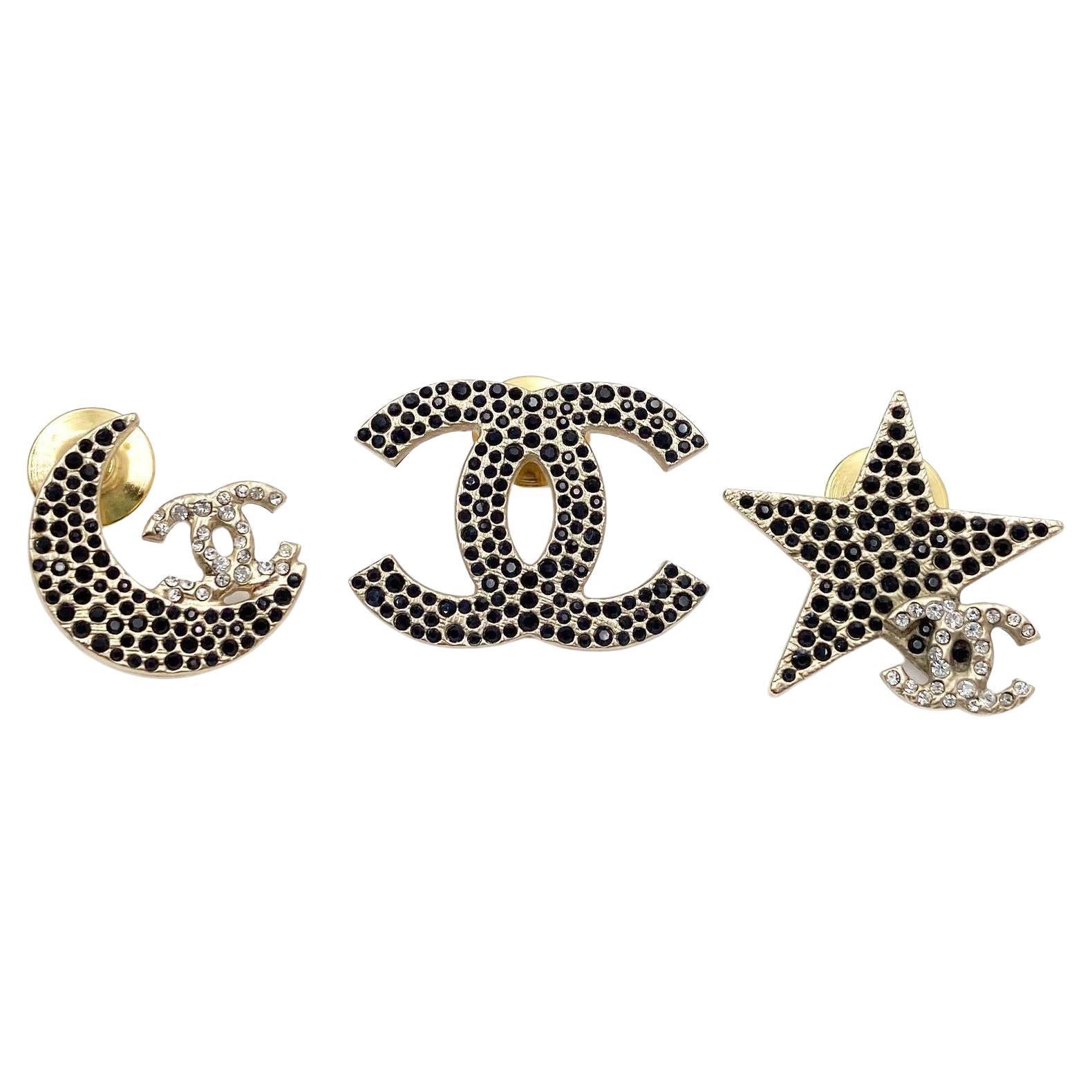 Chanel Seltene Gold CC Mond Stern Schwarz Kristall 3 Anstecknadeln 