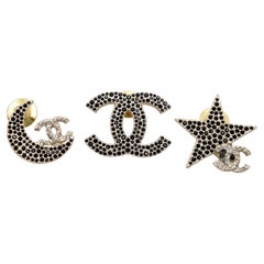 Chanel Rare Gold CC Moon Star Black Crystal 3 Pins