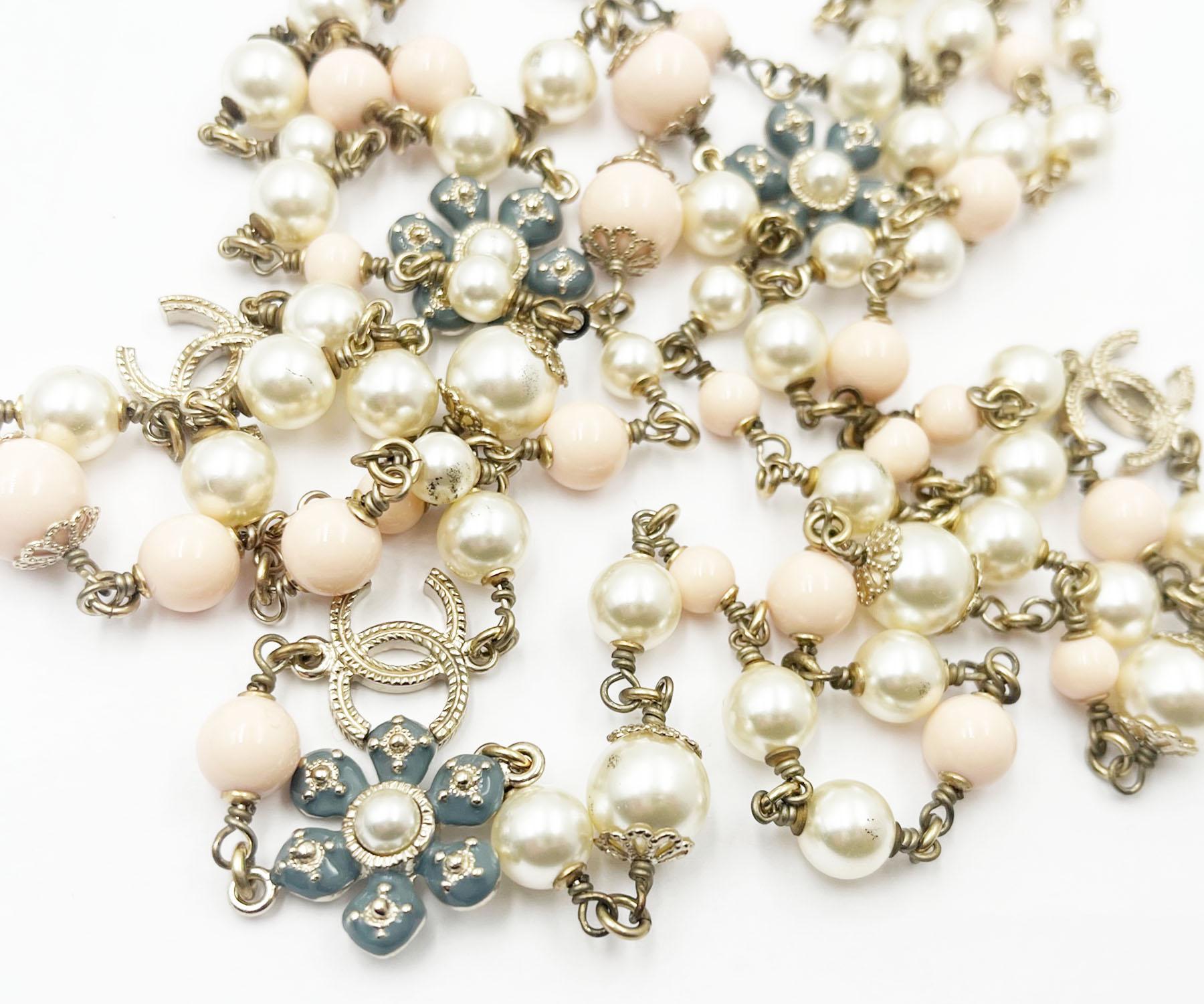 Artisan Chanel Rare Gold CC Pastel Blue Pink Flower Pearl Necklace   For Sale