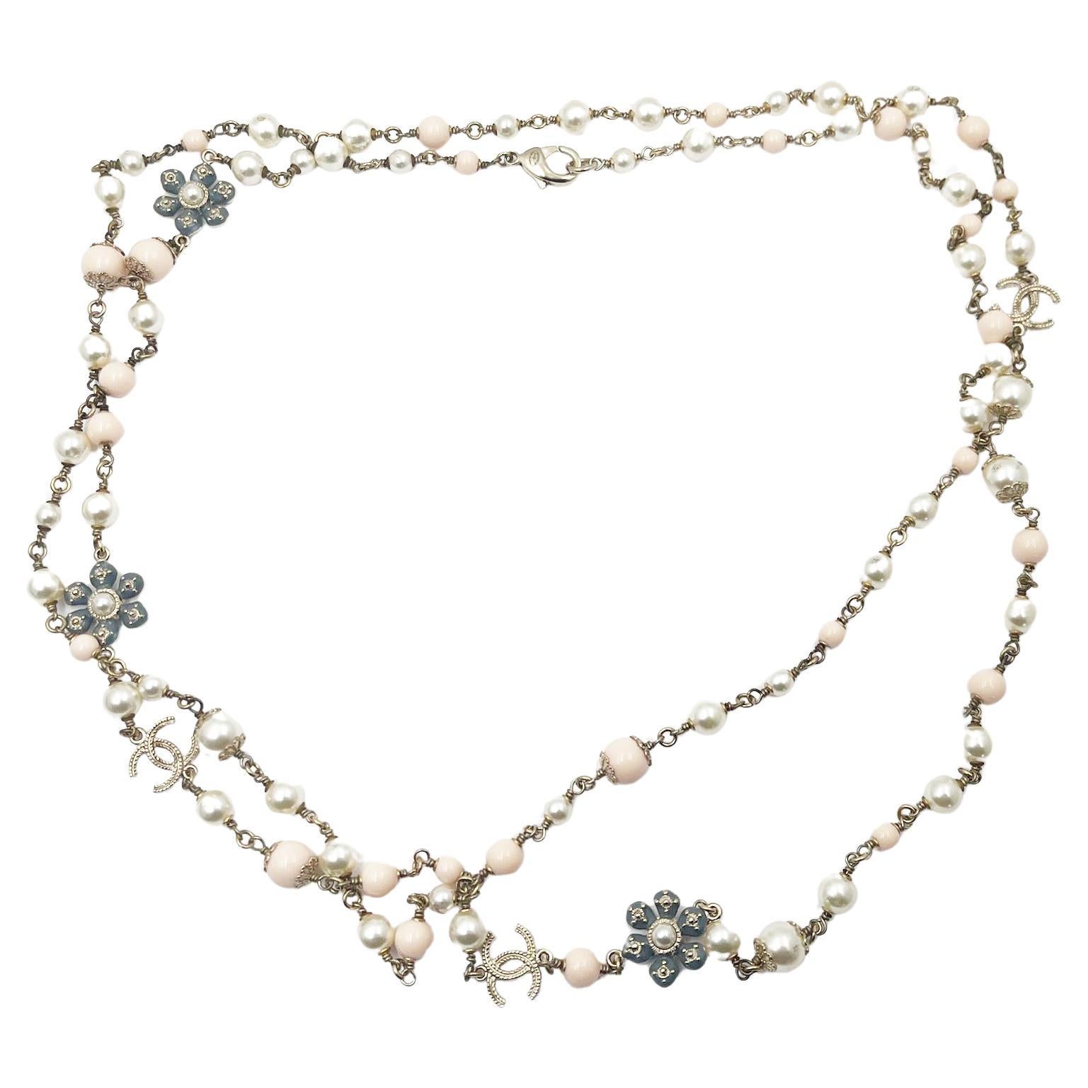 Chanel Rare Gold CC Pastel Blue Pink Flower Pearl Necklace
