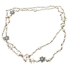 Chanel Rare Gold CC Pastel Blue Pink Flower Pearl Necklace