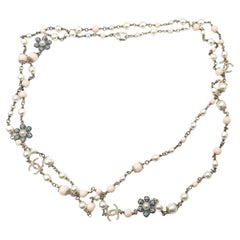 Chanel Rare Gold CC Pastel Blue Pink Flower Pearl Necklace  