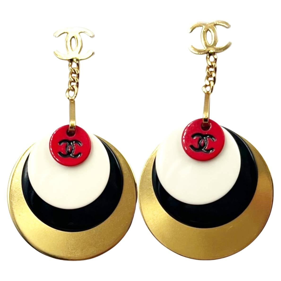 Chanel Rare Gold CC Red White Black Gold Disc Dangle Piercing Earrings