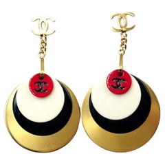 Chanel Rare Gold CC Red White Black Gold Disc Dangle Piercing Earrings