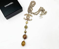 Chanel Rare Gold CC Shiny Gold Crystal Pearl Bead Long Dangle Pendant Necklace