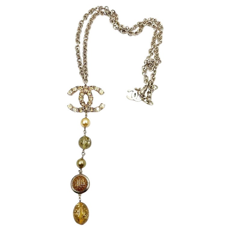 Chanel Rare Gold CC Shiny Gold Crystal Pearl Bead Long Dangle Pendant  Necklace