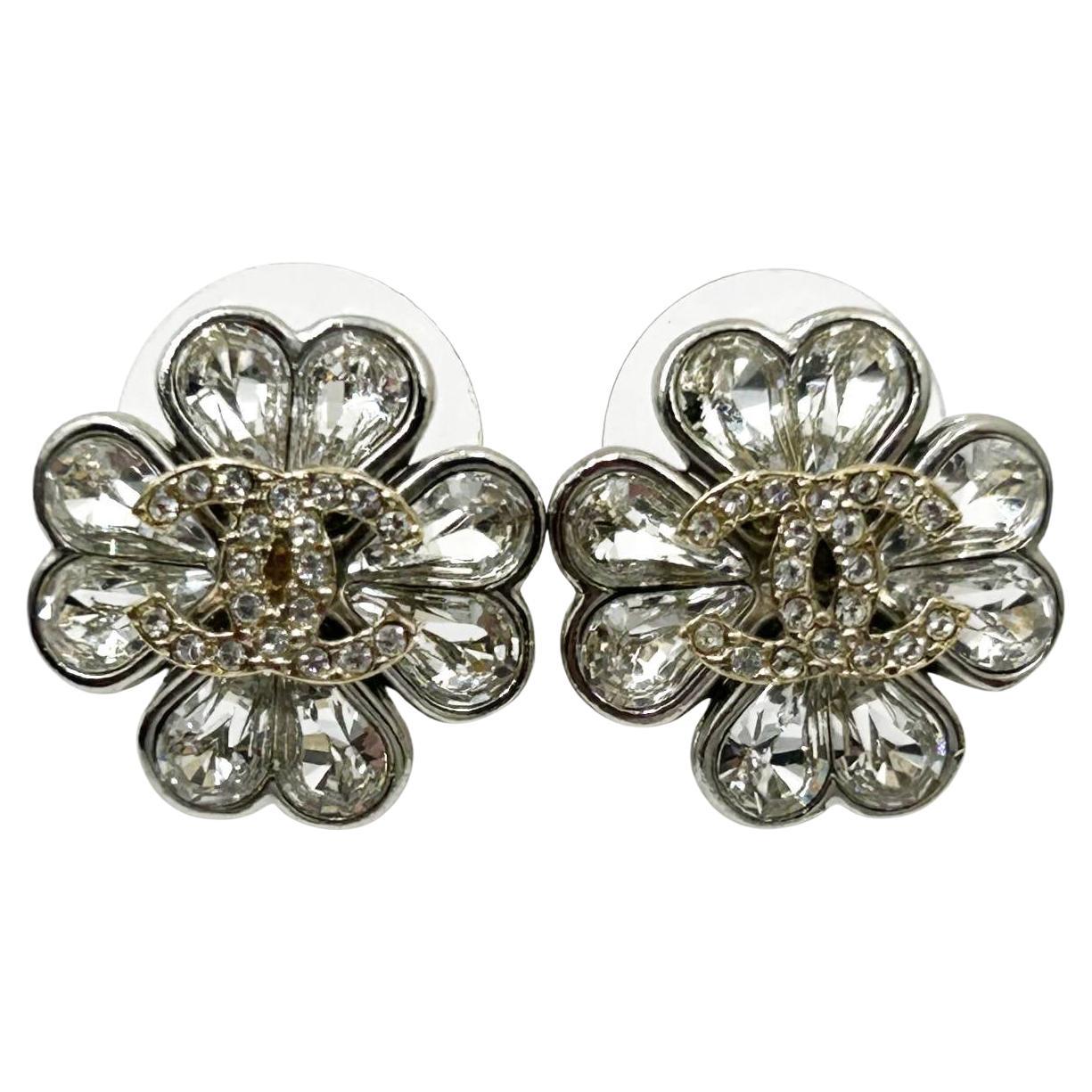 Chanel Rare Gold CC Silver Clover Flower Pear Crystal Piercing Earrings