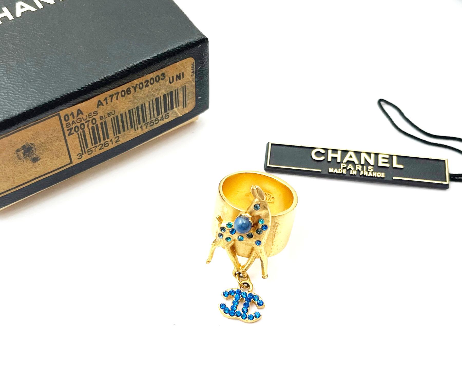 Chanel Rare Gold Plated Blue CC Bambi Deer Ring

*Marked 01
*Made in France
*Comes with the original box, barcode tag and tag

-It is approximately size 7.
-Bambi and CC logo is approximately 1.75