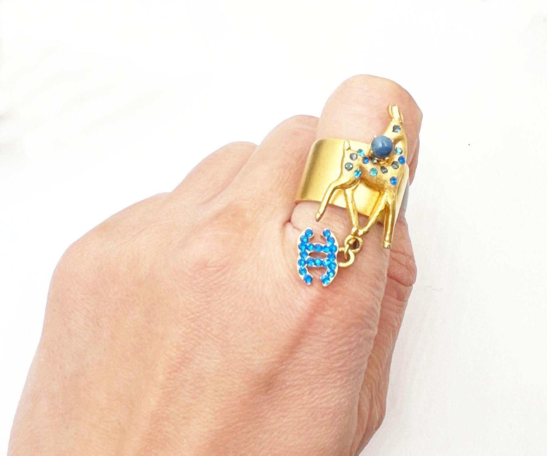 Artisan Chanel Rare Gold Plated Blue CC Bambi Deer Ring  