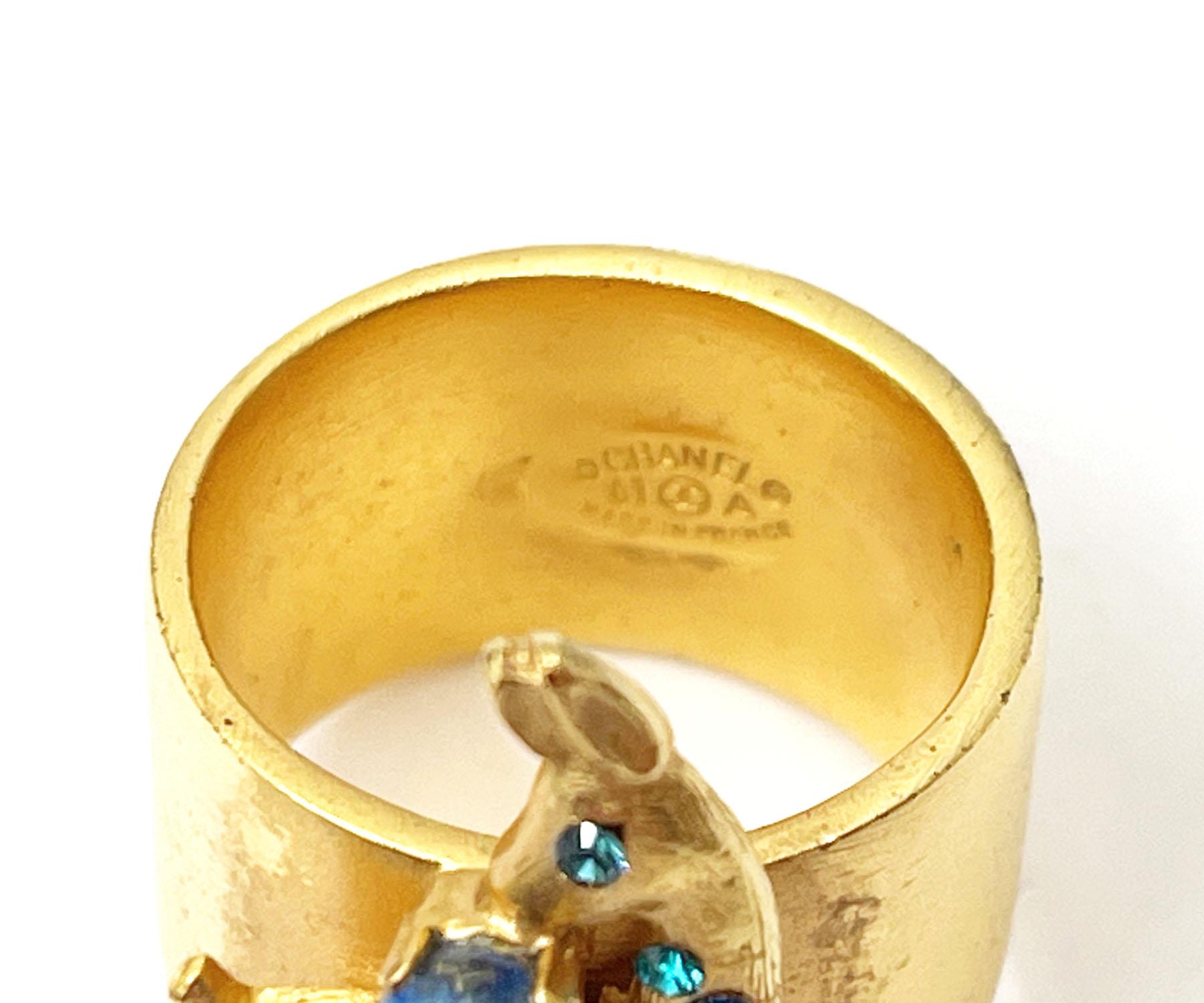 Chanel Rare Gold Plated Blue CC Bambi Deer Ring   In Good Condition In Pasadena, CA