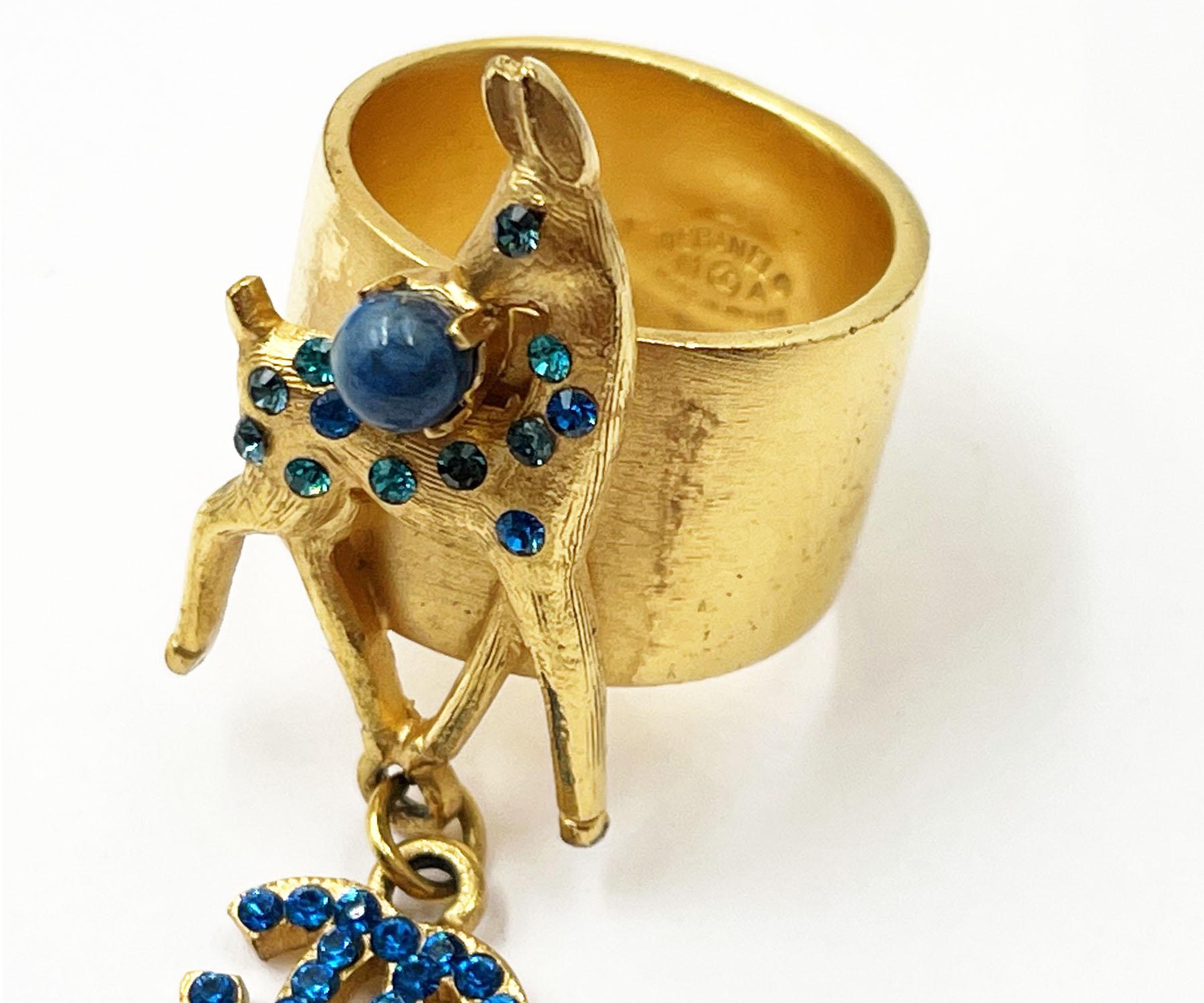 Women's Chanel Rare Gold Plated Blue CC Bambi Deer Ring  