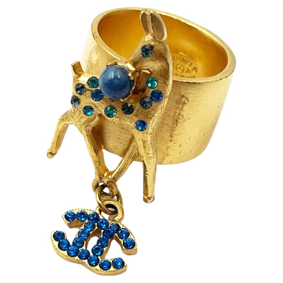 Chanel Rare Gold Plated Blue CC Bambi Deer Ring  
