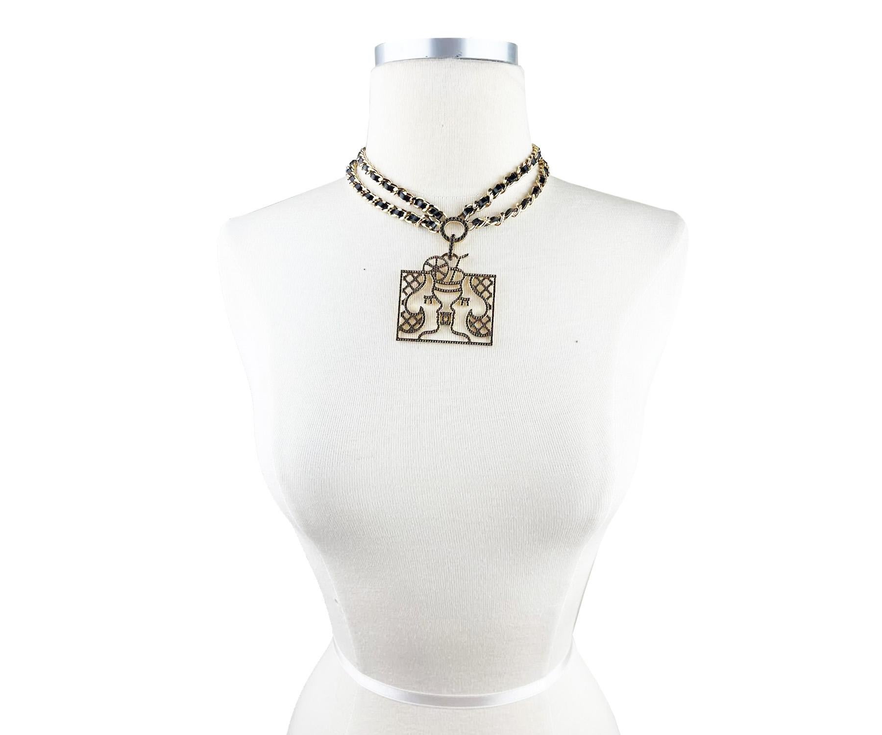 Artisan Chanel Rare Gold Plated Kissing Faces CC Black Crystal Necklace  For Sale