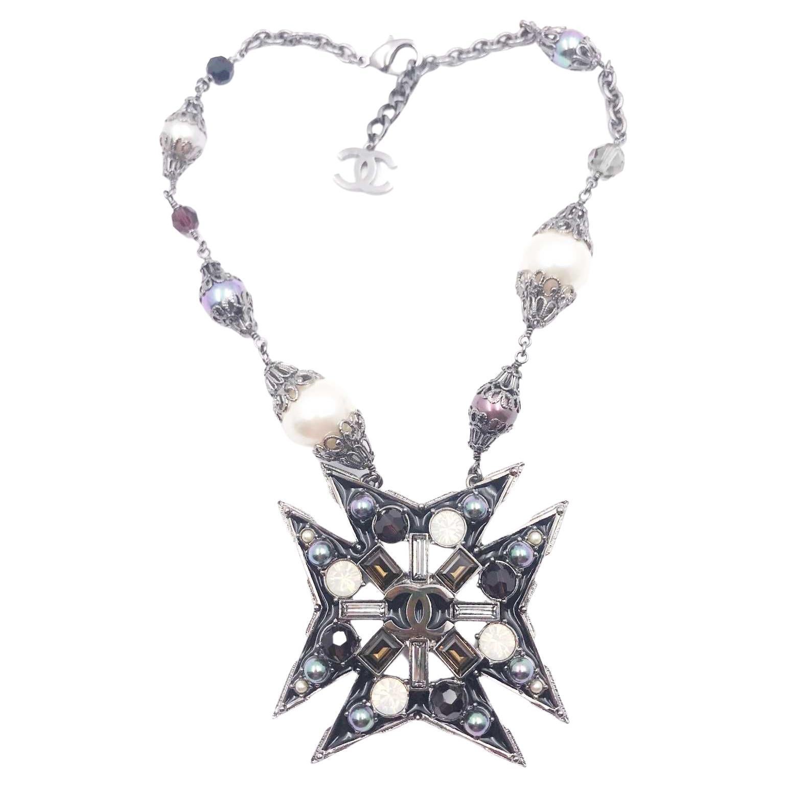 Chanel Rare Gunmetal Star Multi Color Stone Faux Pearl Necklace