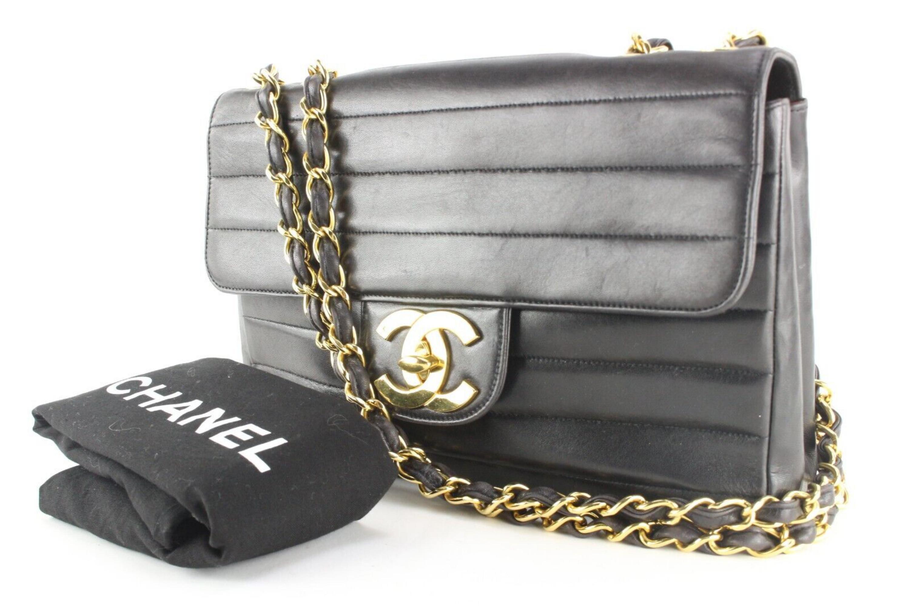 Chanel Rare Horizontal Quilted Black XL Jumbo Flap 24K Plated GHW 1CK0301 For Sale 7