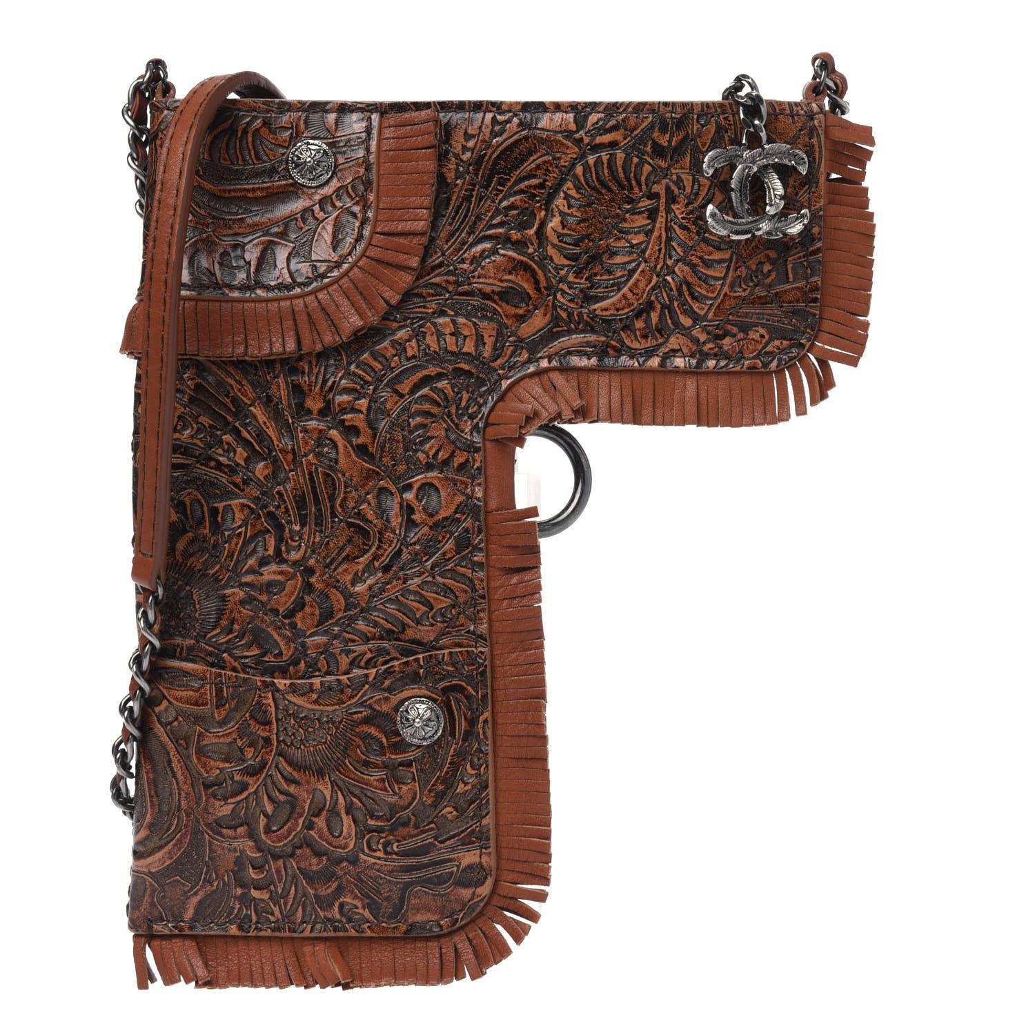 Chanel Rare Limited Edition Fringe Brown Embossed Gun Bag Holster Crossbody Bag 