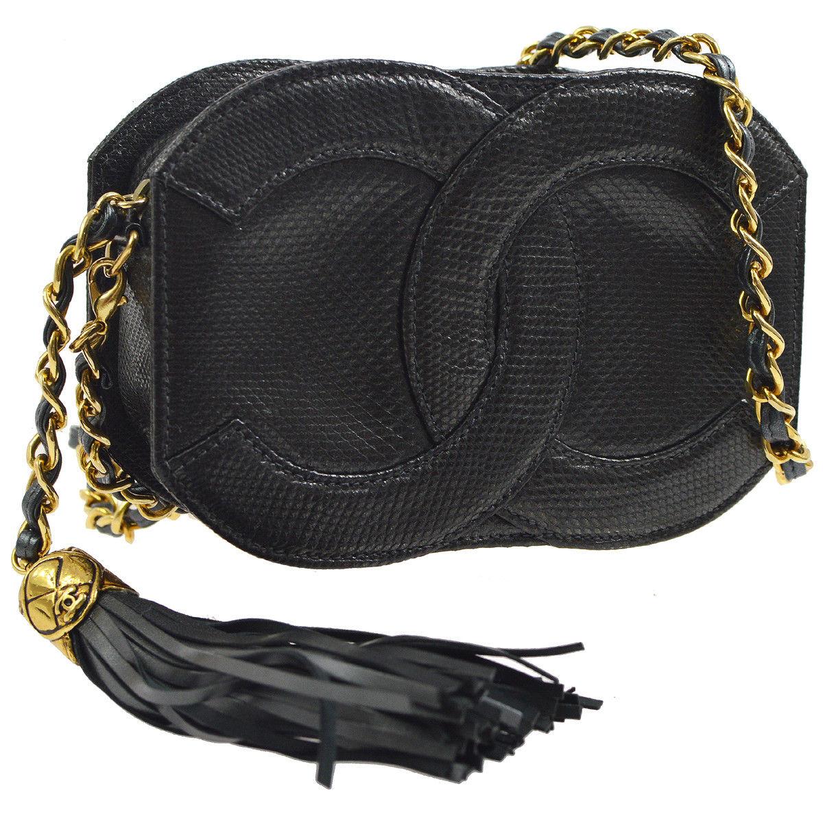 Black Chanel Rare Lizard Leather Gold Evening Small Party CC Shoulder Flap Bag