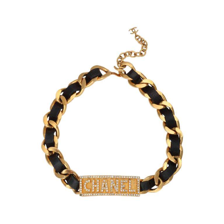 Chanel Rare Logo Plate ID Choker Necklace with Rhinestones For Sale