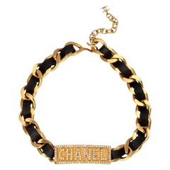 Vintage Chanel Rare Logo Plate ID Choker Necklace with Rhinestones
