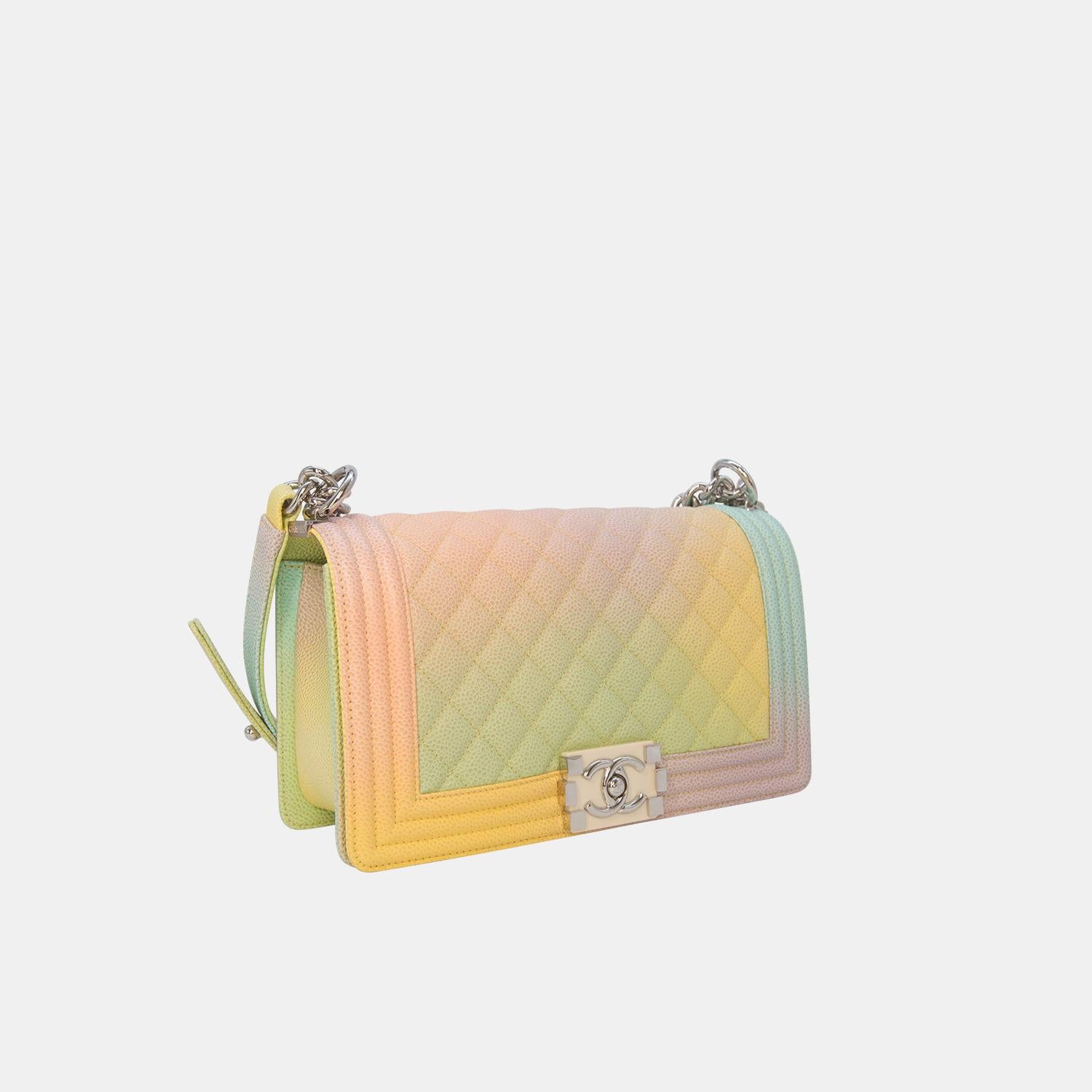 Beige Chanel Rare Medium 25cm Caviar Boy In Rainbow Colours Bag SHW For Sale