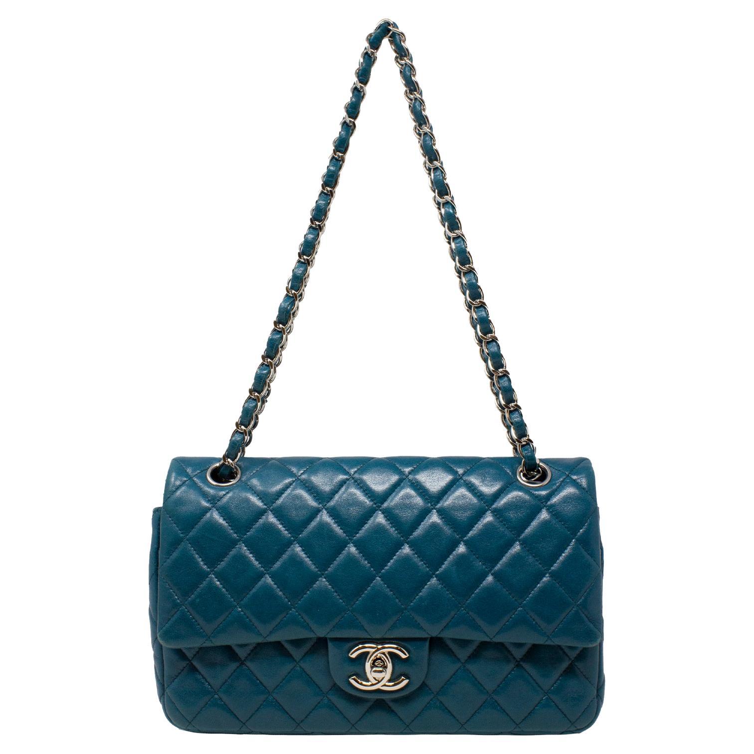 Chanel Teal Lambskin Medium Classic Double Flap Bag at 1stDibs