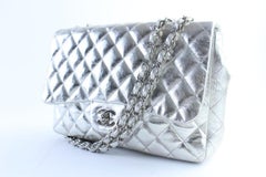 Chanel (Rare) Metallic  Classic Double Flap 226586 Silver Leather Shoulder Bag
