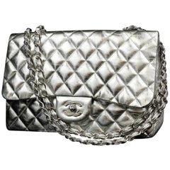 Vintage Chanel (Rare) Metallic  Classic Double Flap 226586 Silver Leather Shoulder Bag