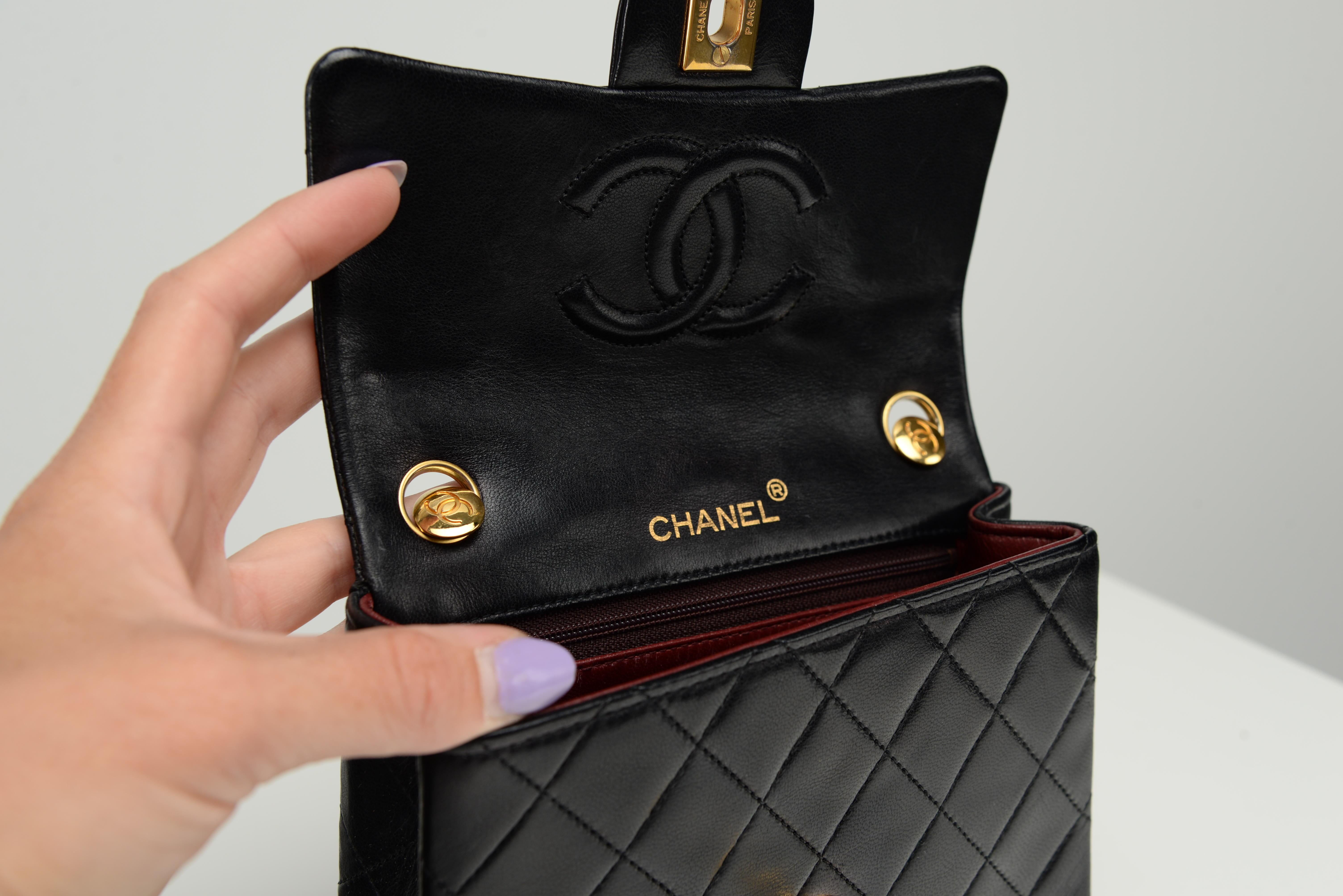 Chanel RARE Mini Square Top Handle Chain Black Lambskin Bag 3