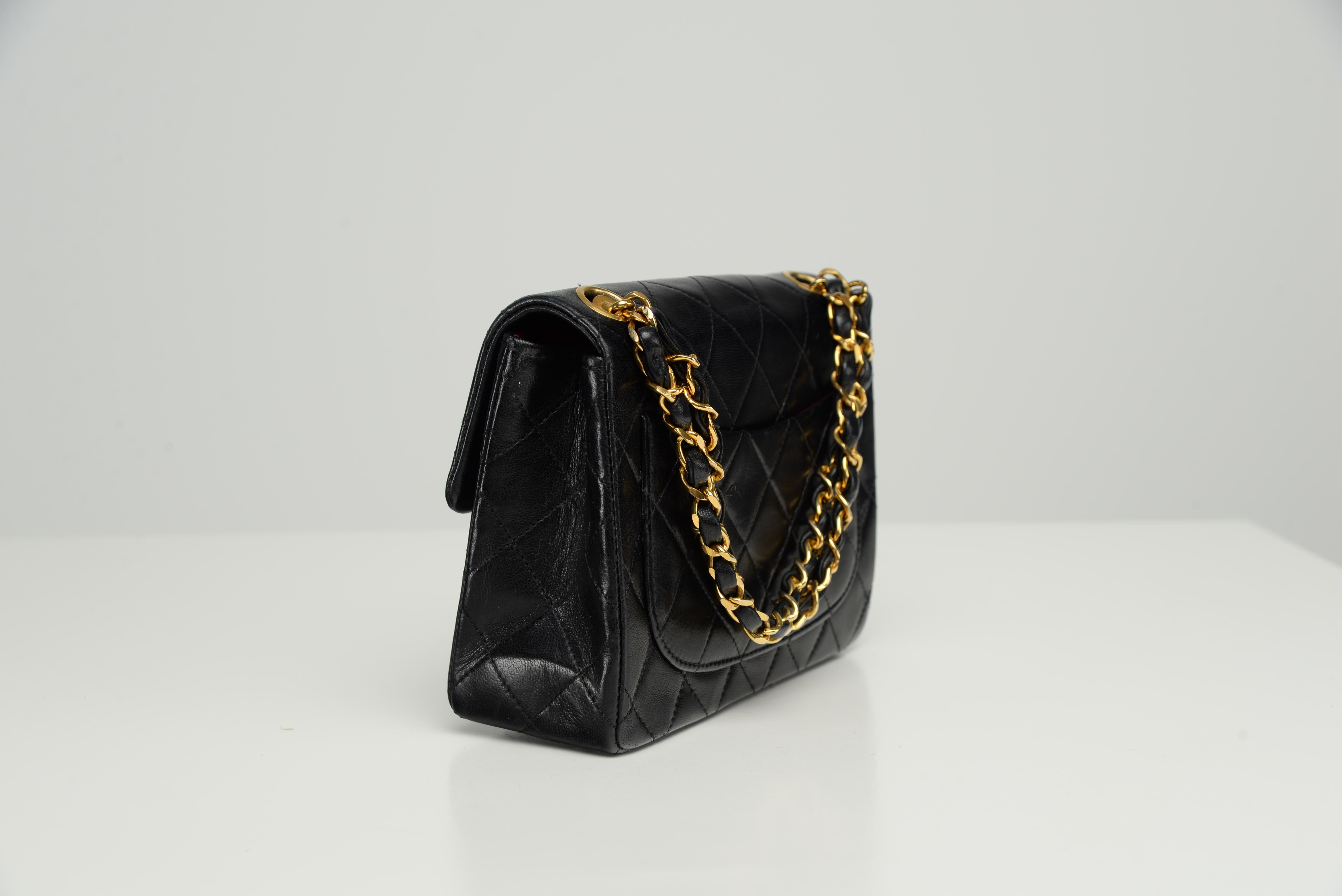 Women's or Men's Chanel RARE Mini Square Top Handle Chain Black Lambskin Bag