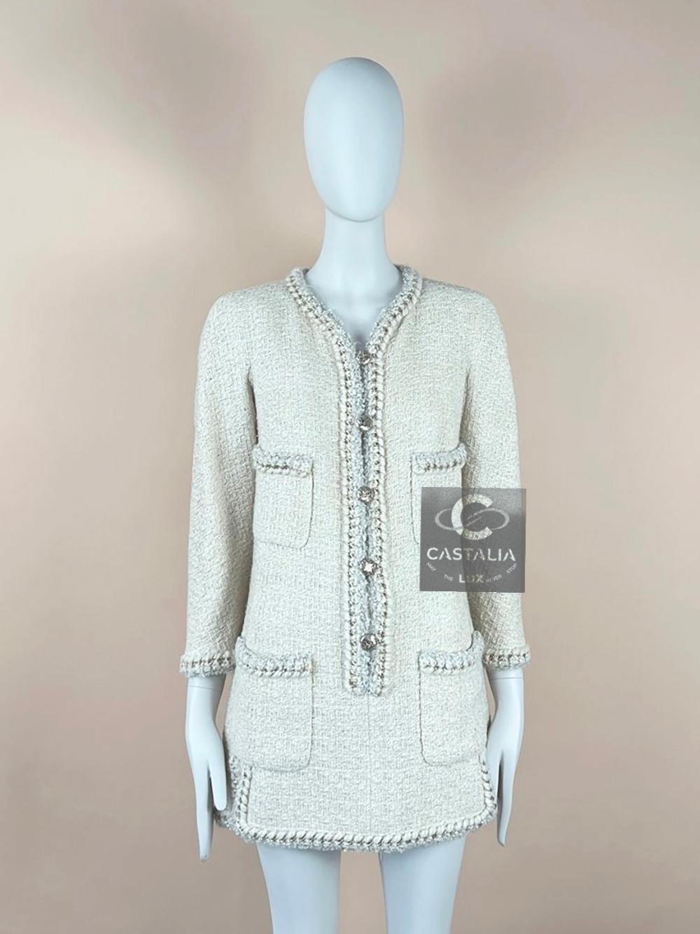 Femenino o masculino Chanel Raro Vestido de Tweed con Cadena Metálica Estilo Miranda Kerr 44 FR en venta