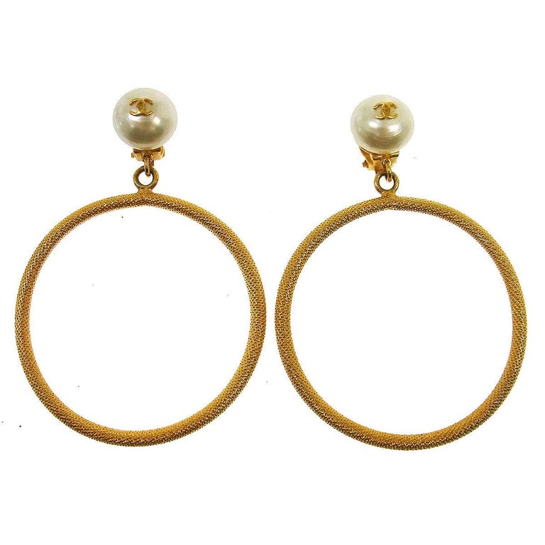 CHANEL Chanel CC Gold Stud Seed Pearl Hoop Dangle Earrings Gold CC stud  chain-link with seed pea…