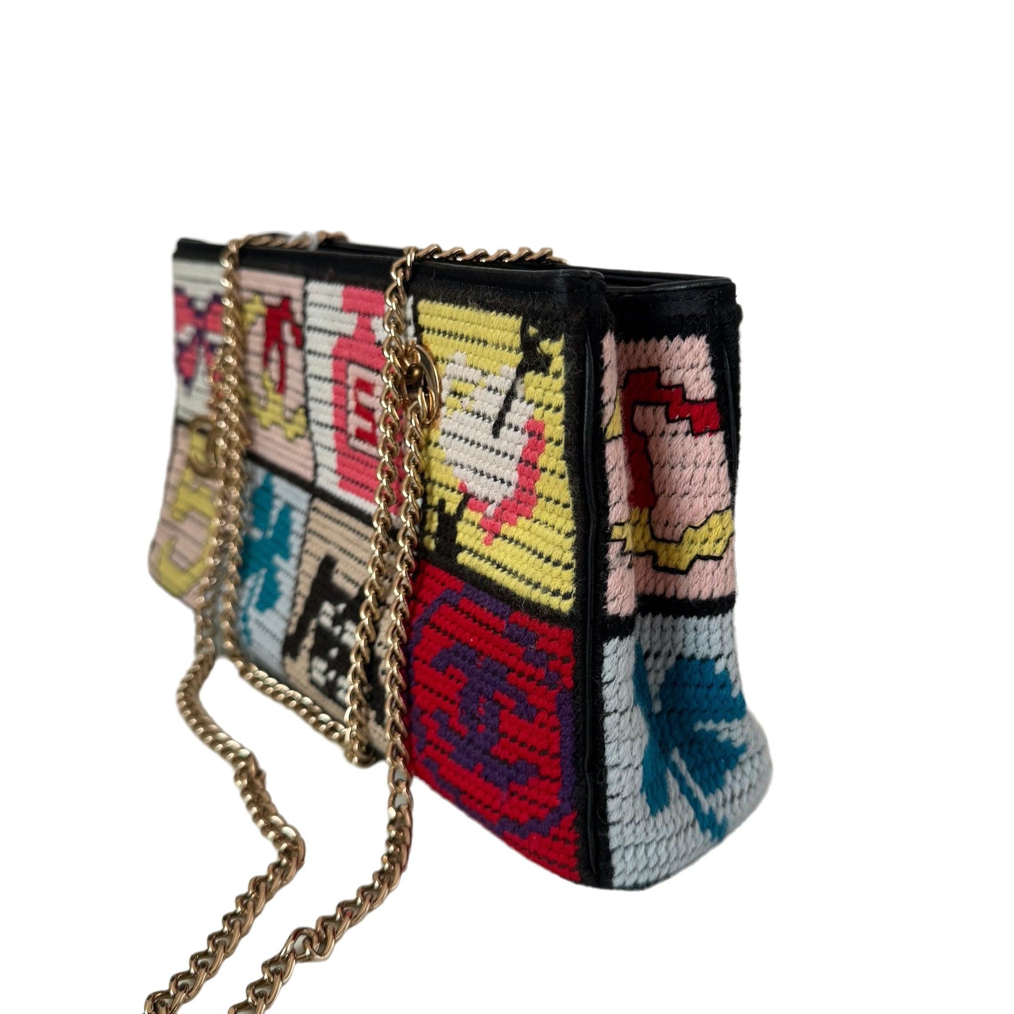 Black Chanel Rare Precious Symbols Needlepoint Shoulder Bag Small