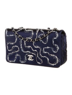 Chanel 2015 Rare Embellished Satin Blue Illuminating Medium Classic Flap Bag