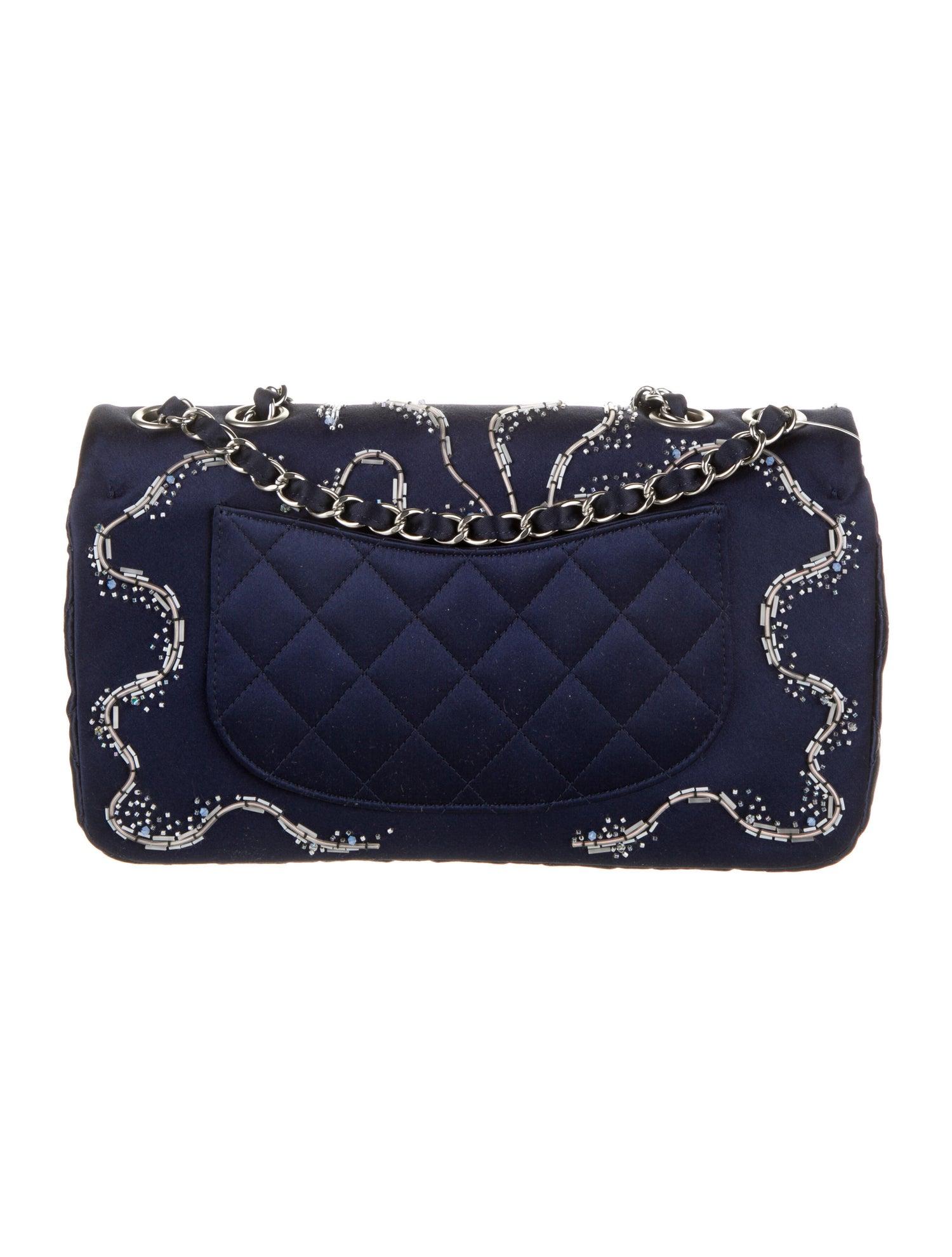 Black Chanel 2015 Rare Embellished Satin Blue Illuminating Medium Classic Flap Bag For Sale